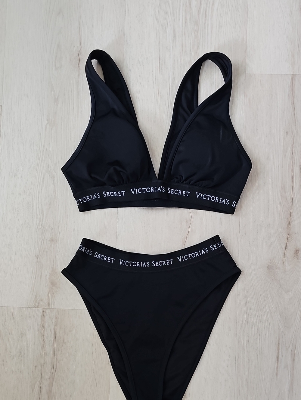Victoria's Secret Black Logo Bikini Set — Triangle Top & High-Waist Bottom